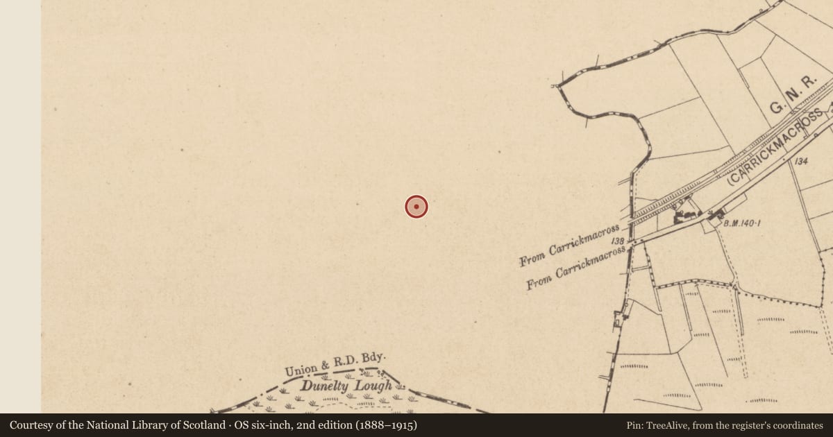 Ordnance Survey six-inch map, 2nd edition (1888–1915) covering the location of Ringfort - rath, Dunelty, County Monaghan, with a pin at the register's coordinates