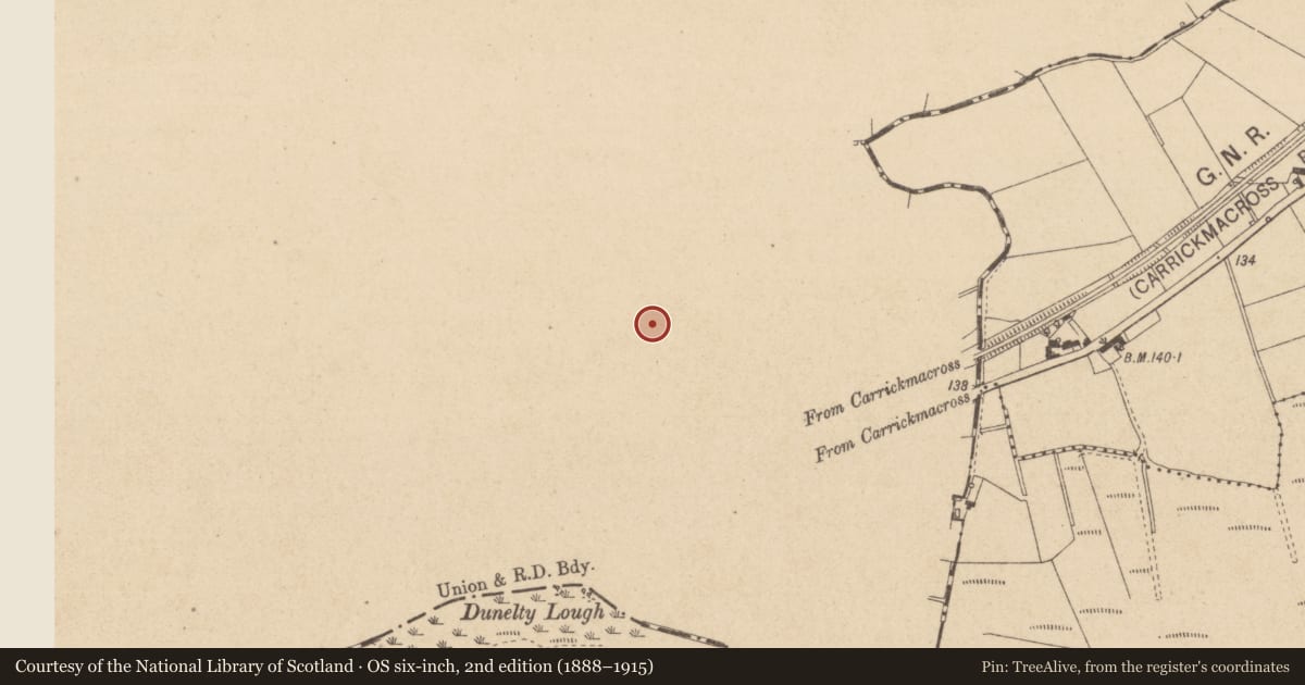 Ordnance Survey six-inch map, 2nd edition (1888–1915) covering the location of Hut site, Dunelty, County Monaghan, with a pin at the register's coordinates