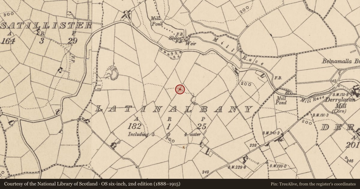 Ordnance Survey six-inch map, 2nd edition (1888–1915) covering the location of Ringfort - rath, Latinalbany, County Monaghan, with a pin at the register's coordinates