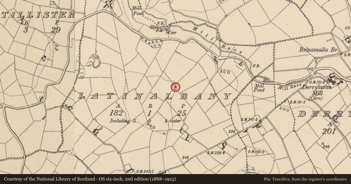 Ordnance Survey six-inch map, 2nd edition (1888–1915) covering the location of Ringfort - rath, Latinalbany, County Monaghan, with a pin at the register's coordinates