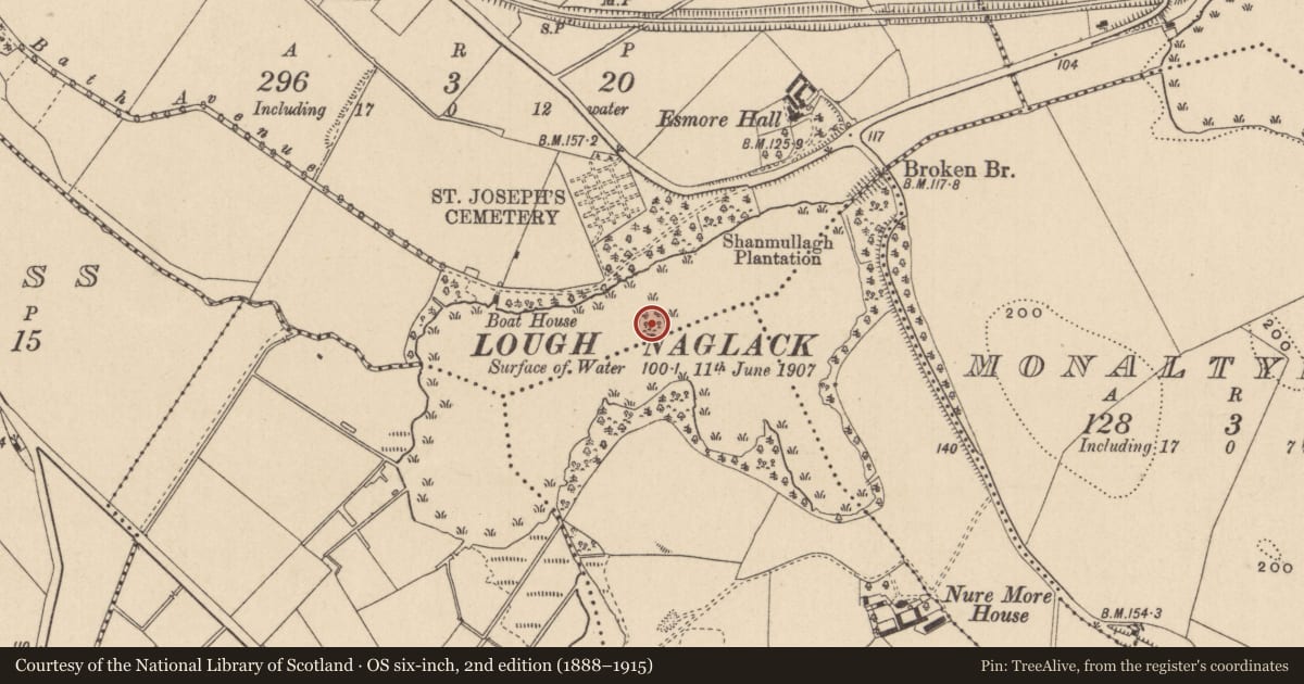 Ordnance Survey six-inch map, 2nd edition (1888–1915) covering the location of Crannog, Drummond Otra, County Monaghan, with a pin at the register's coordinates