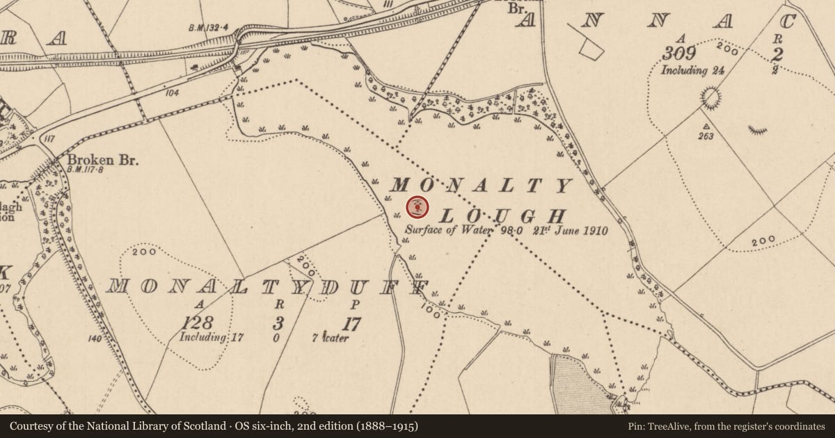 Ordnance Survey six-inch map, 2nd edition (1888–1915) covering the location of Crannog, Monaltyduff, County Monaghan, with a pin at the register's coordinates