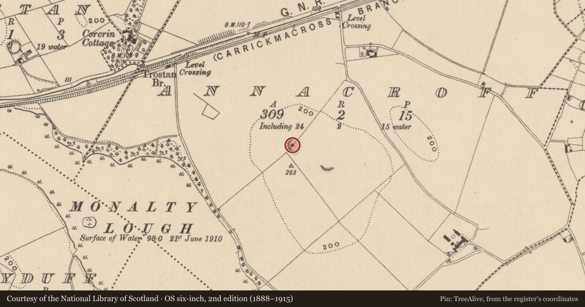 Ordnance Survey six-inch map, 2nd edition (1888–1915) covering the location of Ringfort - rath, Annacroff, County Monaghan, with a pin at the register's coordinates