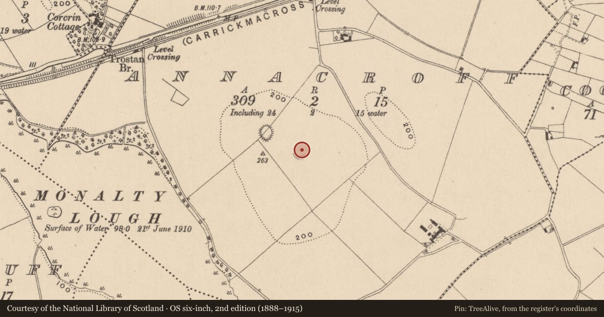 Ordnance Survey six-inch map, 2nd edition (1888–1915) covering the location of Ringfort - rath, Annacroff, County Monaghan, with a pin at the register's coordinates