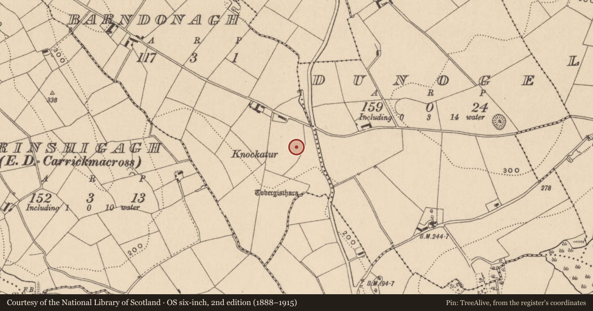 Ordnance Survey six-inch map, 2nd edition (1888–1915) covering the location of Ringfort - rath, Barndonagh, County Monaghan, with a pin at the register's coordinates