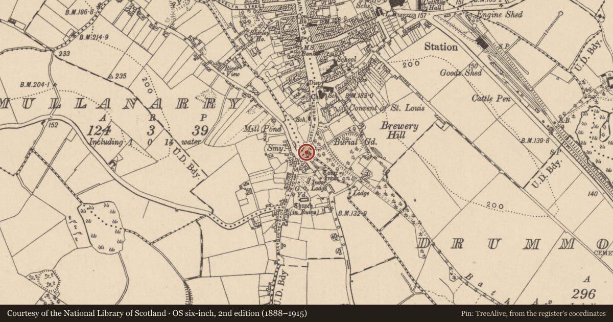 Ordnance Survey six-inch map, 2nd edition (1888–1915) covering the location of Bridge, Drummond Etra, County Monaghan, with a pin at the register's coordinates