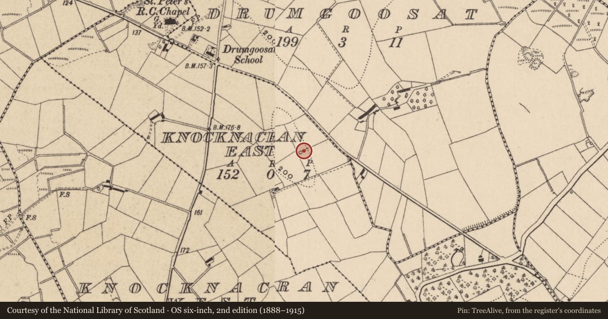 Ordnance Survey six-inch map, 2nd edition (1888–1915) covering the location of Barrow - unclassified, Knocknacran East, County Monaghan, with a pin at the register's coordinates