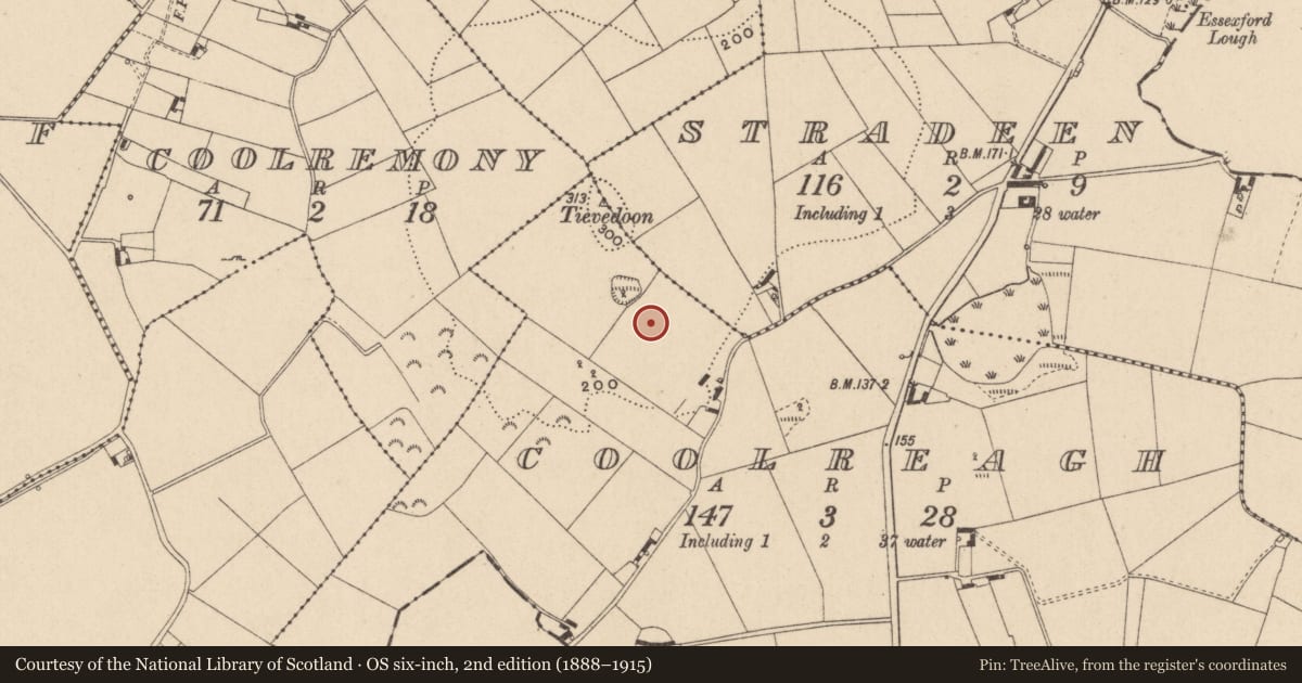 Ordnance Survey six-inch map, 2nd edition (1888–1915) covering the location of Ringfort - rath, Coolaha, County Monaghan, with a pin at the register's coordinates