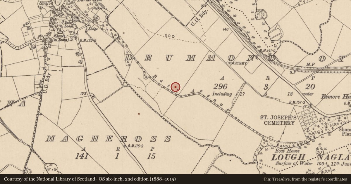 Ordnance Survey six-inch map, 2nd edition (1888–1915) covering the location of Metalworking site, Drummond Otra, County Monaghan, with a pin at the register's coordinates