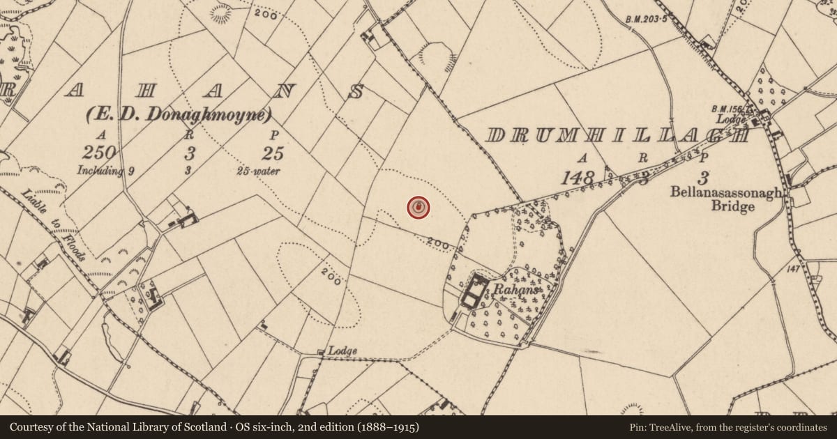 Ordnance Survey six-inch map, 2nd edition (1888–1915) covering the location of Ringfort - rath, Rahans (Farney By., Donaghmoyne Par.), County Monaghan, with a pin at the register's coordinates