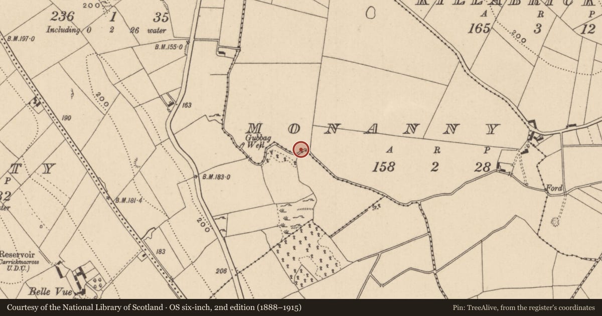 Ordnance Survey six-inch map, 2nd edition (1888–1915) covering the location of House - Neolithic, Monanny, County Monaghan, with a pin at the register's coordinates