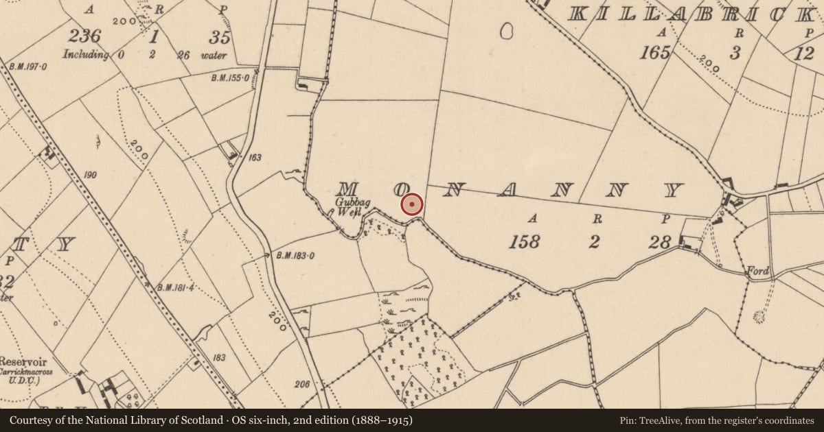 Ordnance Survey six-inch map, 2nd edition (1888–1915) covering the location of House - Neolithic, Monanny, County Monaghan, with a pin at the register's coordinates