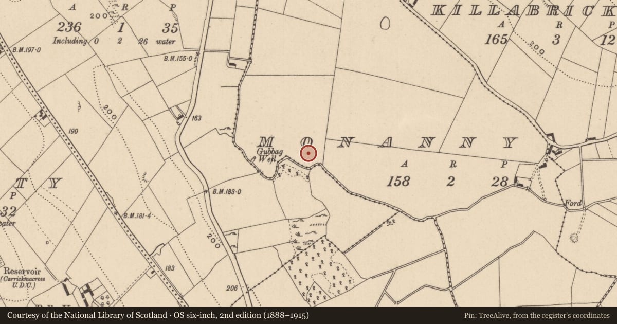 Ordnance Survey six-inch map, 2nd edition (1888–1915) covering the location of House - Neolithic, Monanny, County Monaghan, with a pin at the register's coordinates