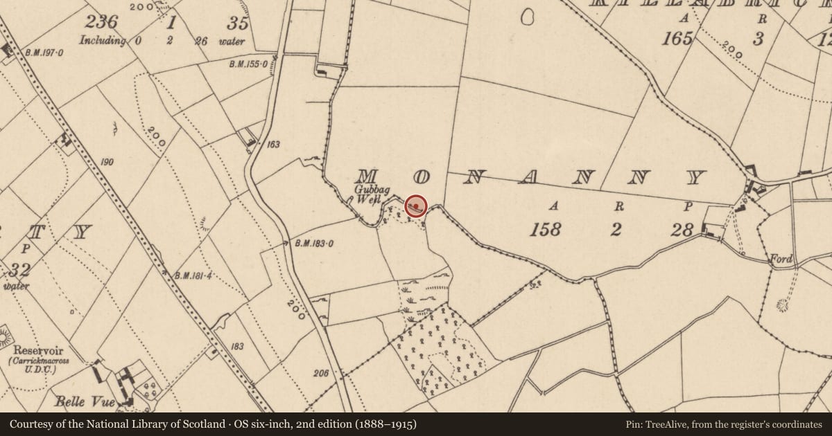 Ordnance Survey six-inch map, 2nd edition (1888–1915) covering the location of Fulacht fia, Monanny, County Monaghan, with a pin at the register's coordinates