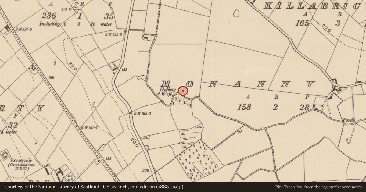 Ordnance Survey six-inch map, 2nd edition (1888–1915) covering the location of Kiln - corn-drying, Monanny, County Monaghan, with a pin at the register's coordinates