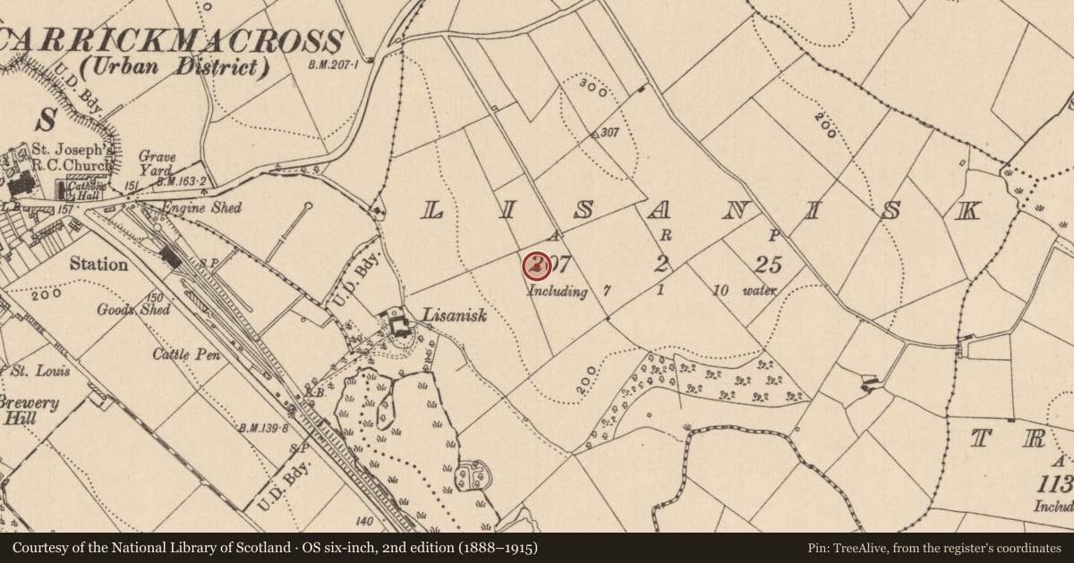 Ordnance Survey six-inch map, 2nd edition (1888–1915) covering the location of Ringfort - rath, Lisanisk, County Monaghan, with a pin at the register's coordinates