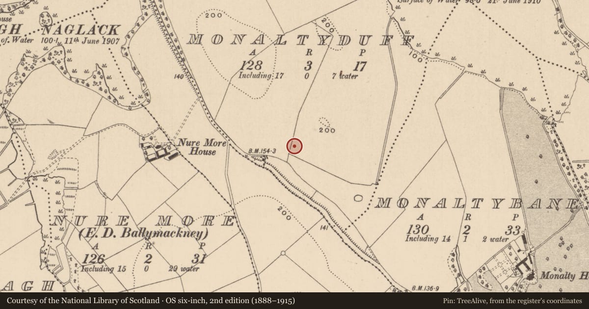 Ordnance Survey six-inch map, 2nd edition (1888–1915) covering the location of Excavation - miscellaneous, Monaltyduff, County Monaghan, with a pin at the register's coordinates