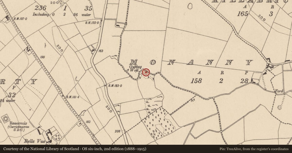 Ordnance Survey six-inch map, 2nd edition (1888–1915) covering the location of Burnt mound, Cloghvally Lower, County Monaghan, with a pin at the register's coordinates
