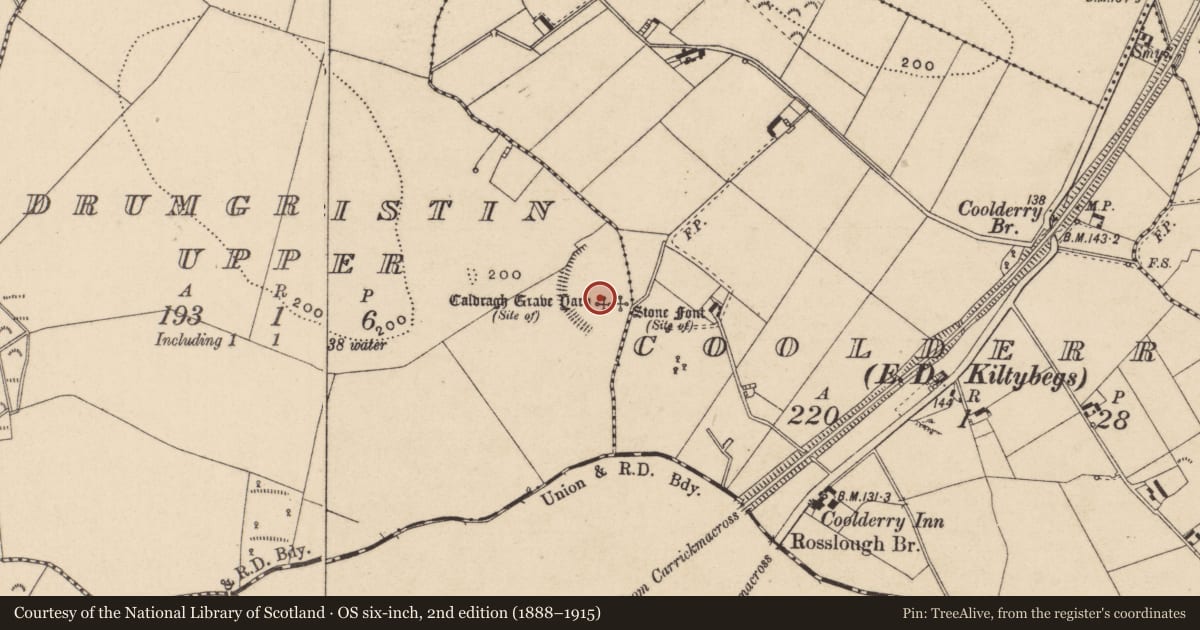 Ordnance Survey six-inch map, 2nd edition (1888–1915) covering the location of Burial ground, Drumgristin Upper, County Monaghan, with a pin at the register's coordinates