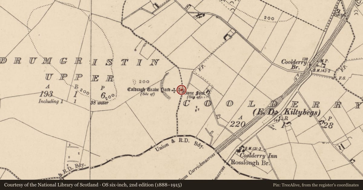 Ordnance Survey six-inch map, 2nd edition (1888–1915) covering the location of Bullaun stone, Drumgristin Upper, County Monaghan, with a pin at the register's coordinates