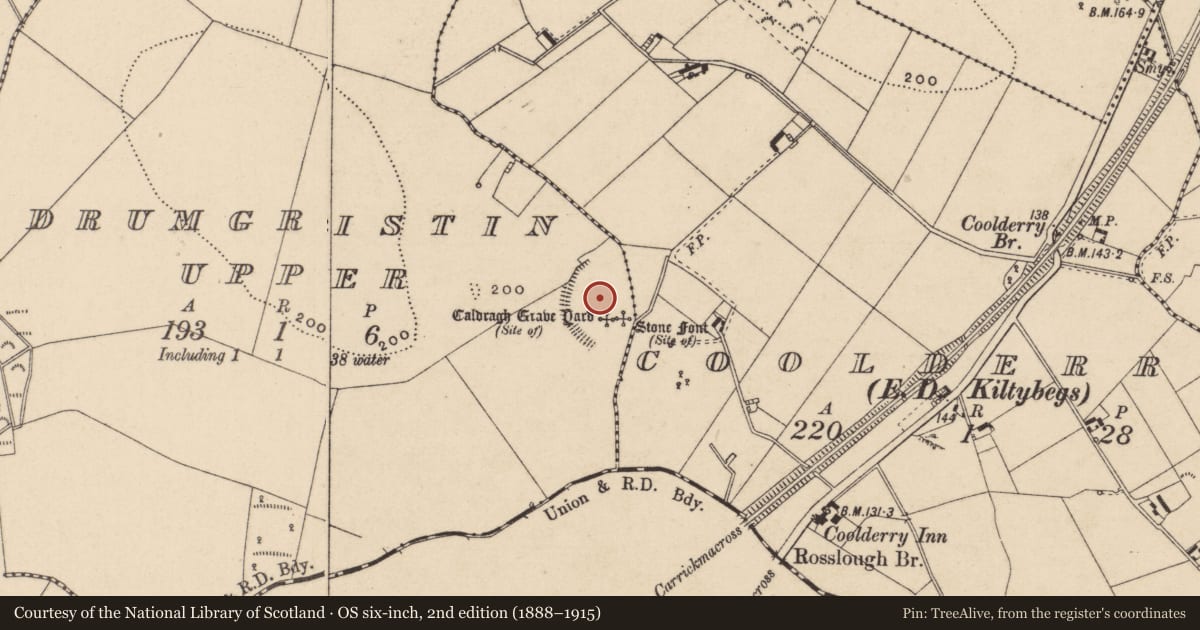 Ordnance Survey six-inch map, 2nd edition (1888–1915) covering the location of Ecclesiastical enclosure, County Monaghan, with a pin at the register's coordinates