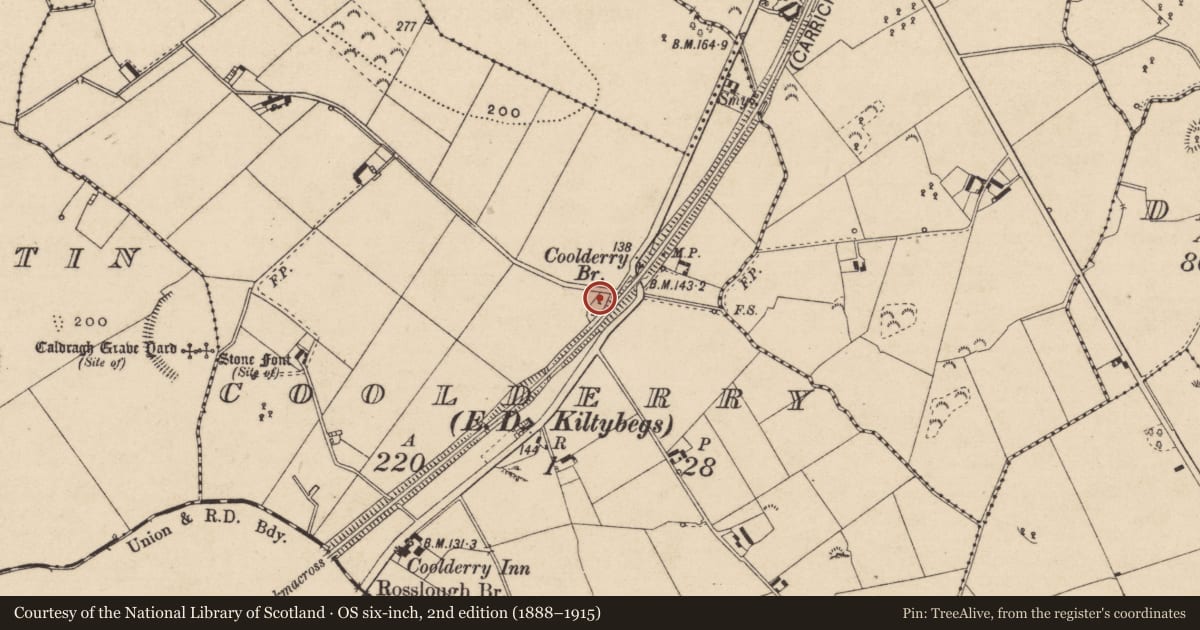 Ordnance Survey six-inch map, 2nd edition (1888–1915) covering the location of Ringfort - rath, Coolderry (Farney By., Donaghmoyne Par.), County Monaghan, with a pin at the register's coordinates