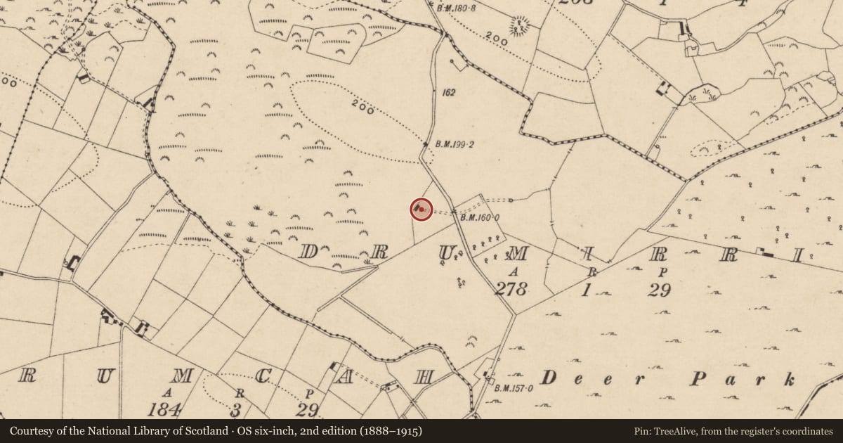 Ordnance Survey six-inch map, 2nd edition (1888–1915) covering the location of Rock art, Drumirril, County Monaghan, with a pin at the register's coordinates