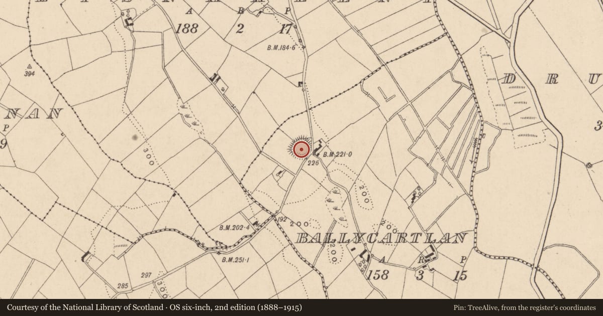 Ordnance Survey six-inch map, 2nd edition (1888–1915) covering the location of Ringfort - rath, Ballycartlan, County Monaghan, with a pin at the register's coordinates