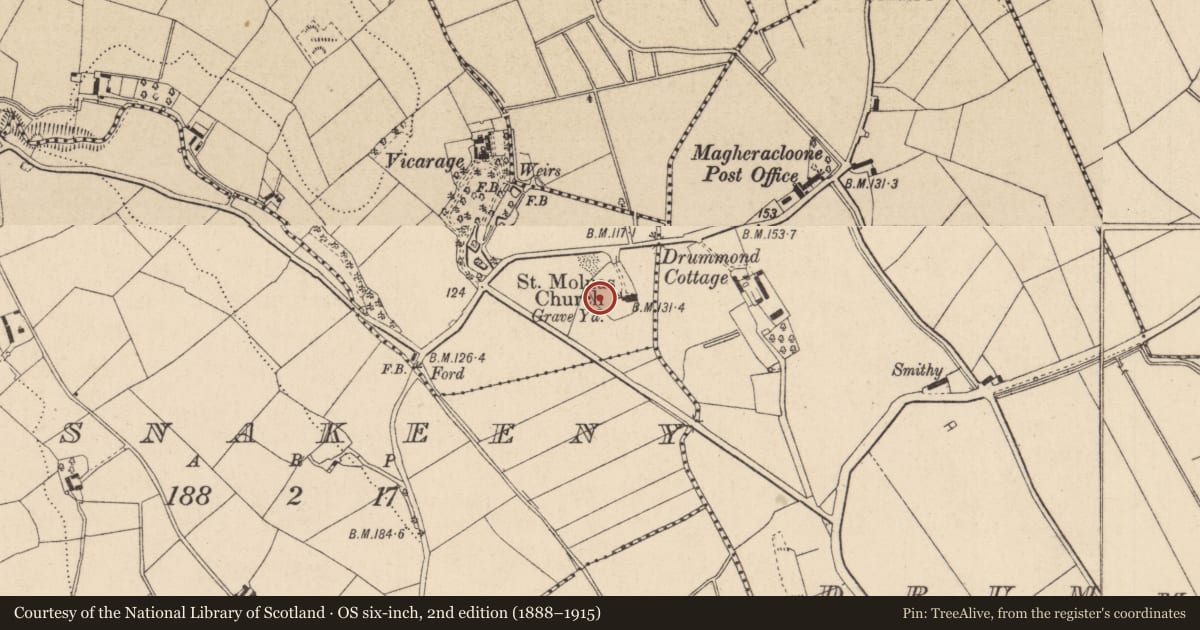 Ordnance Survey six-inch map, 2nd edition (1888–1915) covering the location of Headstone, Camaghy, County Monaghan, with a pin at the register's coordinates