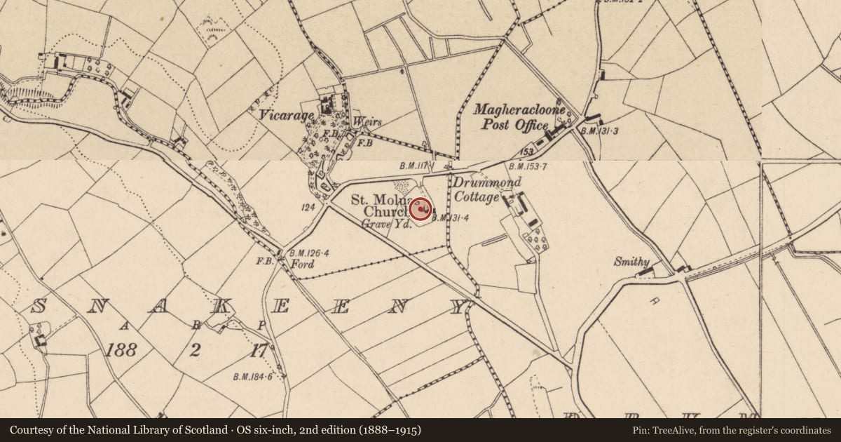 Ordnance Survey six-inch map, 2nd edition (1888–1915) covering the location of Ecclesiastical enclosure, Camaghy, County Monaghan, with a pin at the register's coordinates