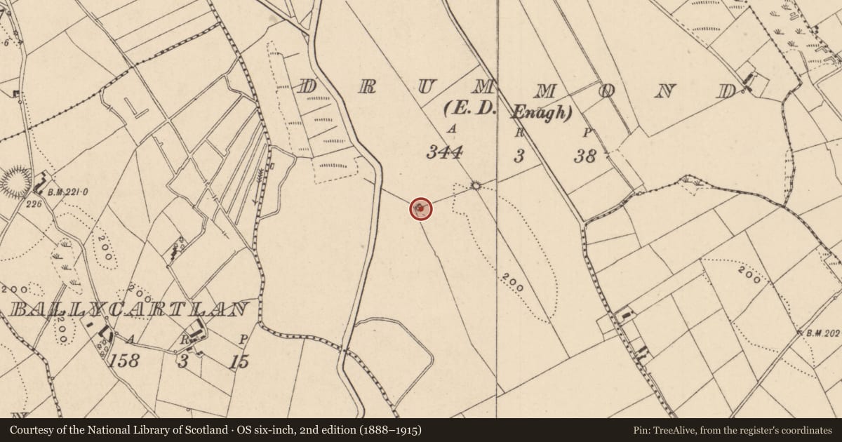 Ordnance Survey six-inch map, 2nd edition (1888–1915) covering the location of Enclosure, Drummond, County Monaghan, with a pin at the register's coordinates