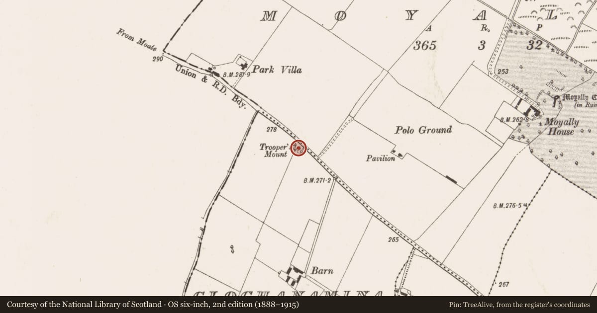 Ordnance Survey six-inch map, 2nd edition (1888–1915) covering the location of Mound, Cloghanamina, County Offaly, with a pin at the register's coordinates