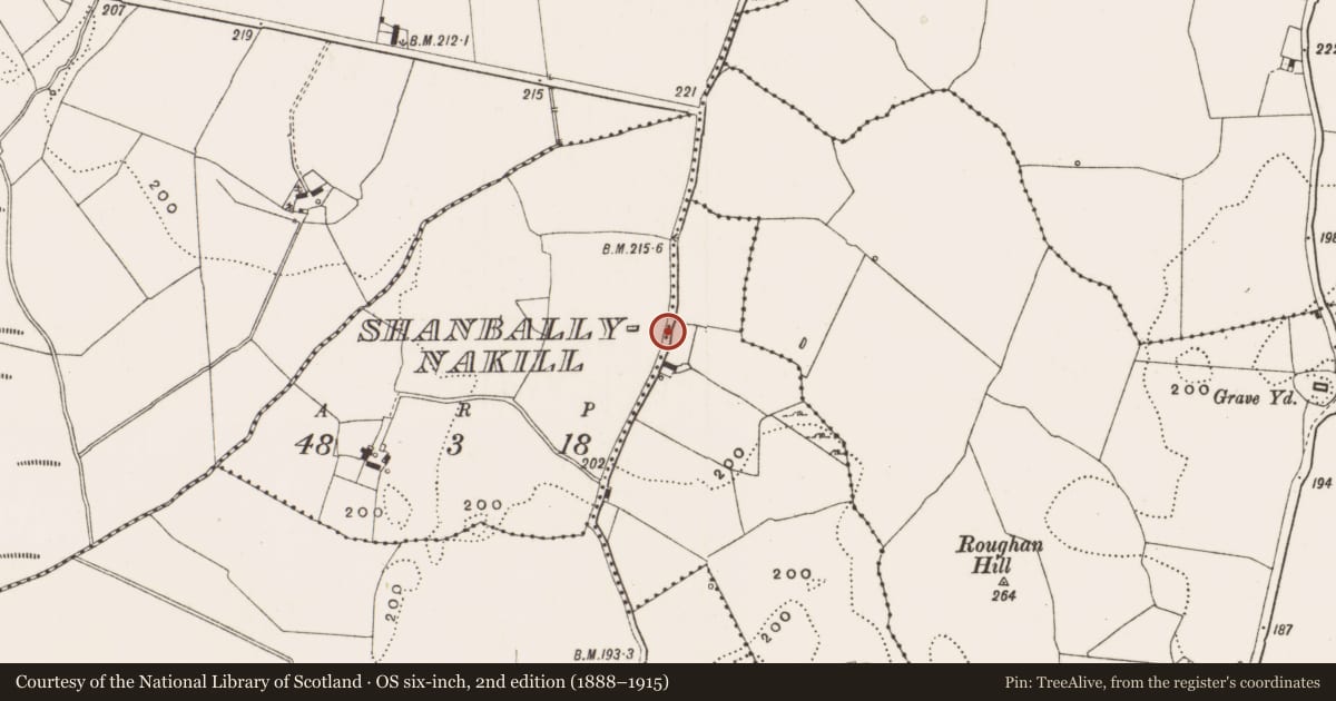 Ordnance Survey six-inch map, 2nd edition (1888–1915) covering the location of Bullaun stone, Shanballynakill, County Offaly, with a pin at the register's coordinates