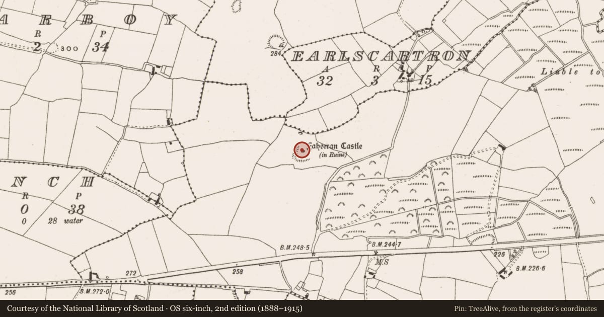 Ordnance Survey six-inch map, 2nd edition (1888–1915) covering the location of Castle - unclassified, Faheeran, County Offaly, with a pin at the register's coordinates