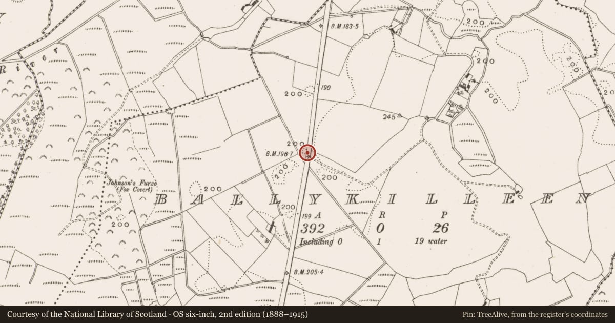 Ordnance Survey six-inch map, 2nd edition (1888–1915) covering the location of Mound, Ballykilleen, County Offaly, with a pin at the register's coordinates
