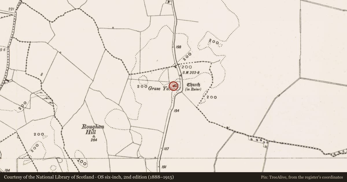 Ordnance Survey six-inch map, 2nd edition (1888–1915) covering the location of Graveyard, Kilmanaghan, County Offaly, with a pin at the register's coordinates