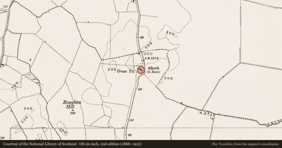Ordnance Survey six-inch map, 2nd edition (1888–1915) covering the location of Bullaun stone, Kilmanaghan, County Offaly, with a pin at the register's coordinates