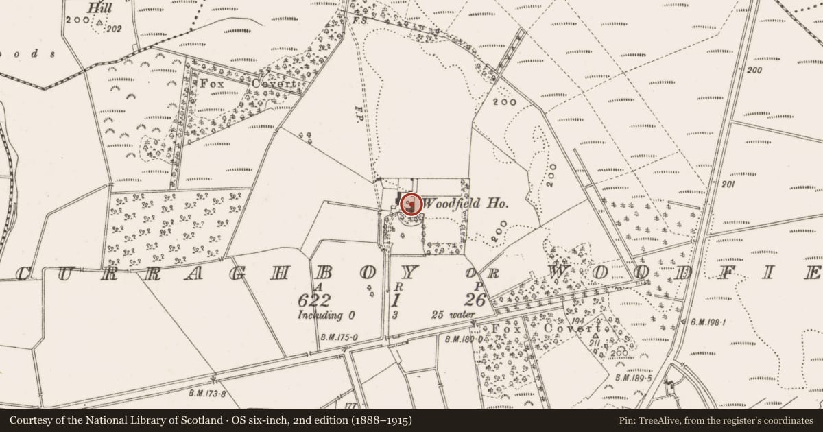 Ordnance Survey six-inch map, 2nd edition (1888–1915) covering the location of House - 18th/19th century, Curraghboy Or Woodfield, County Offaly, with a pin at the register's coordinates
