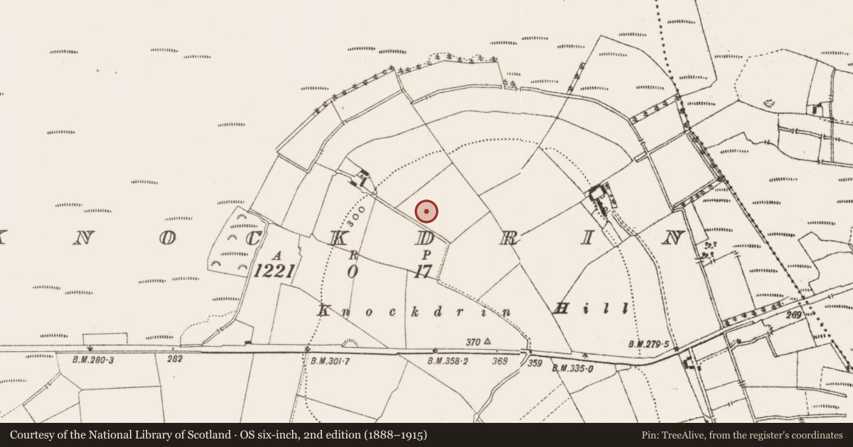 Ordnance Survey six-inch map, 2nd edition (1888–1915) covering the location of Enclosure, Knockdrin, County Offaly, with a pin at the register's coordinates