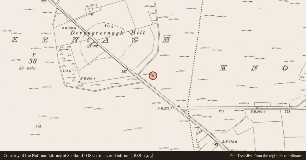Ordnance Survey six-inch map, 2nd edition (1888–1915) covering the location of Structure - peatland, Derrygreenagh, County Offaly, with a pin at the register's coordinates