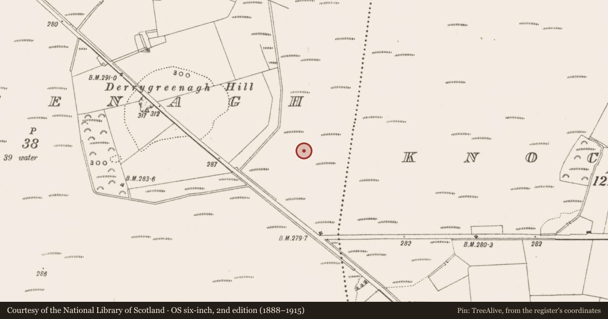 Ordnance Survey six-inch map, 2nd edition (1888–1915) covering the location of Post row - peatland, Derrygreenagh, County Offaly, with a pin at the register's coordinates