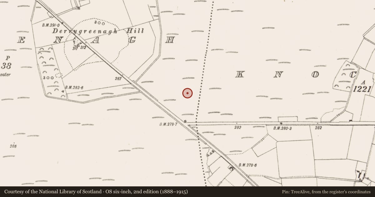 Ordnance Survey six-inch map, 2nd edition (1888–1915) covering the location of Road - class 3 togher, Derrygreenagh, County Offaly, with a pin at the register's coordinates
