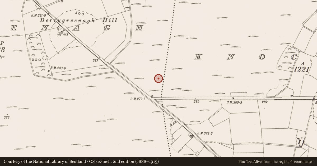 Ordnance Survey six-inch map, 2nd edition (1888–1915) covering the location of Road - class 3 togher, Derrygreenagh, County Offaly, with a pin at the register's coordinates