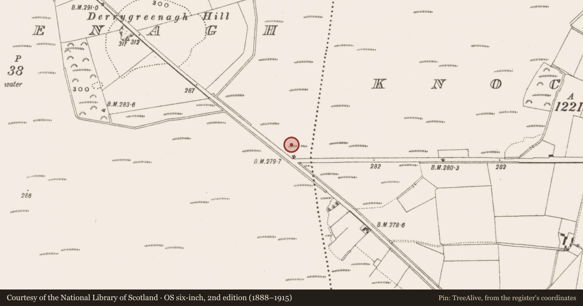 Ordnance Survey six-inch map, 2nd edition (1888–1915) covering the location of Road - class 3 togher, Derrygreenagh, County Offaly, with a pin at the register's coordinates