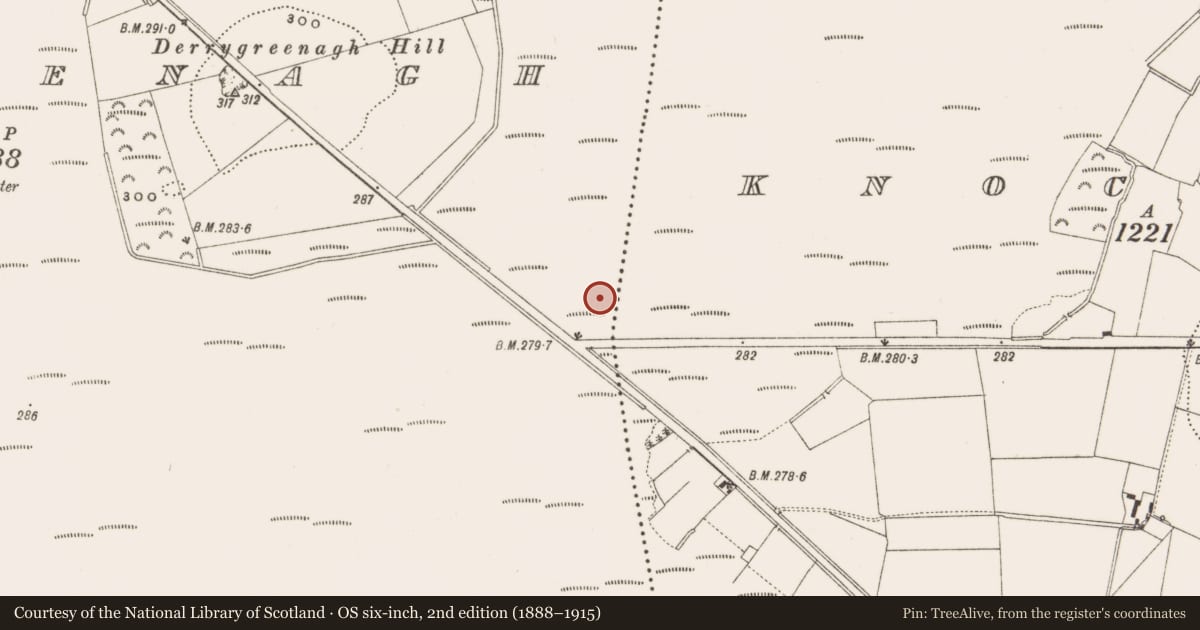Ordnance Survey six-inch map, 2nd edition (1888–1915) covering the location of Road - class 2 togher, Derrygreenagh, County Offaly, with a pin at the register's coordinates