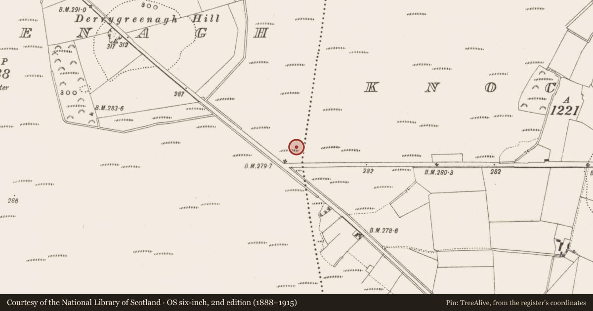 Ordnance Survey six-inch map, 2nd edition (1888–1915) covering the location of Structure - peatland, Derrygreenagh, County Offaly, with a pin at the register's coordinates