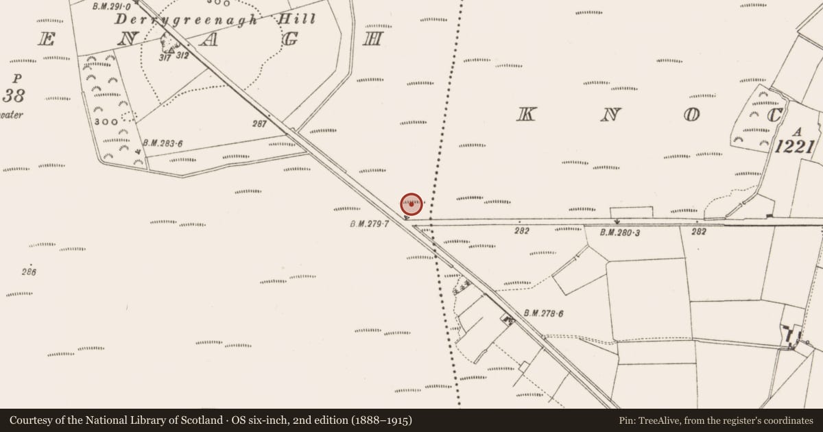 Ordnance Survey six-inch map, 2nd edition (1888–1915) covering the location of Road - class 3 togher, Derrygreenagh, County Offaly, with a pin at the register's coordinates