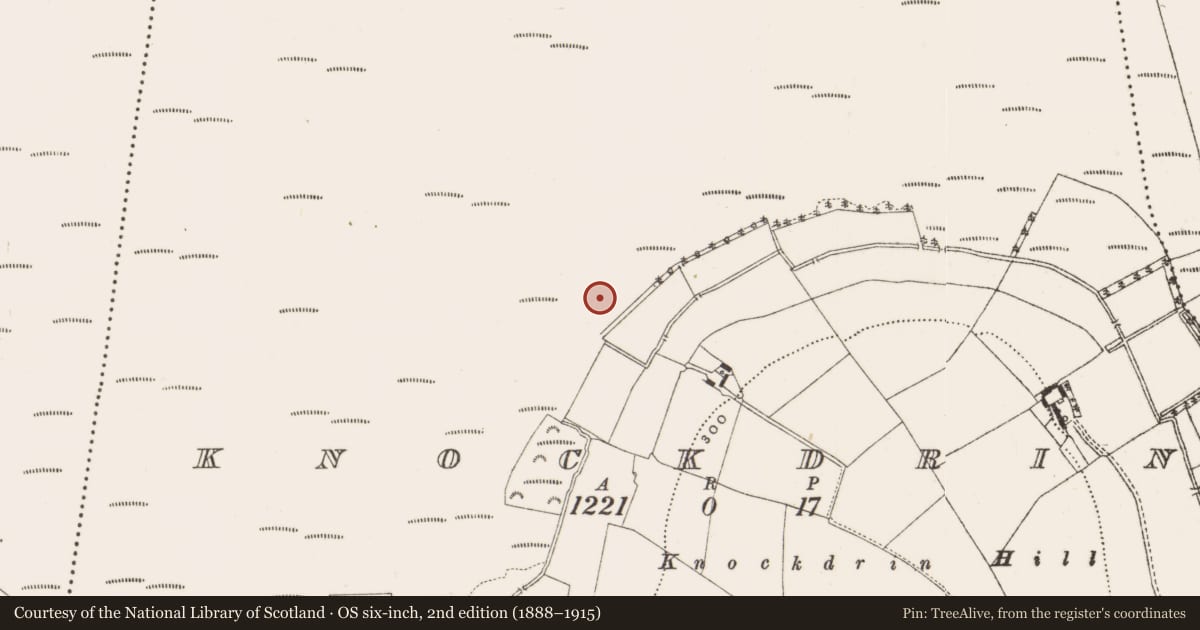 Ordnance Survey six-inch map, 2nd edition (1888–1915) covering the location of Post row - peatland, Knockdrin, County Offaly, with a pin at the register's coordinates