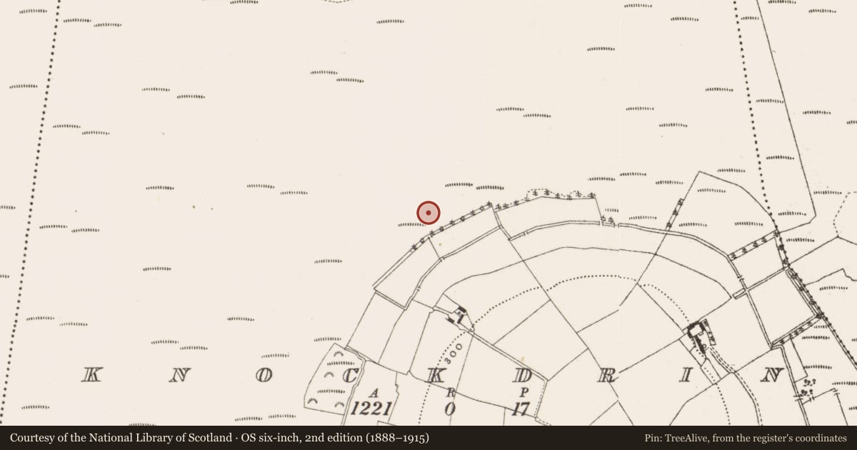 Ordnance Survey six-inch map, 2nd edition (1888–1915) covering the location of Post row - peatland, Knockdrin, County Offaly, with a pin at the register's coordinates