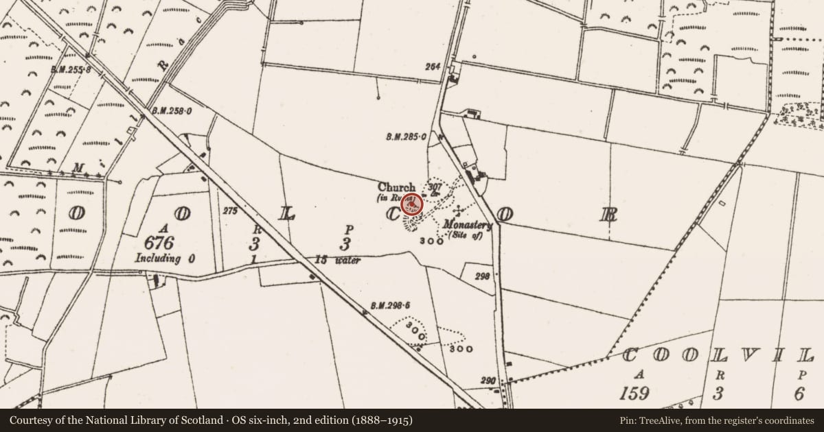 Ordnance Survey six-inch map, 2nd edition (1888–1915) covering the location of Religious house - Franciscan nuns (Poor Clares), Coolcor, County Offaly, with a pin at the register's coordinates